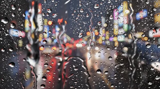 Rain-streaked window offers a captivating blurred view of a vibrant city street at night, with colorful urban lights creating an abstract, atmospheric glow and a reflective mood