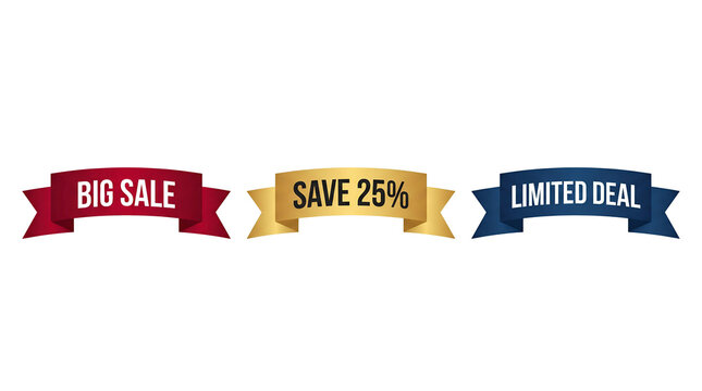 Ribbons big sale save twenty five percent limited deal gold ideal for retail advertising store window posters online shop banners social posts social media posts and clearance sale campaigns