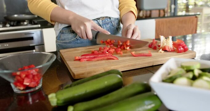 Lifestyle videos indoor of people doing activities at home, chopping red bell pepper on cutting boar