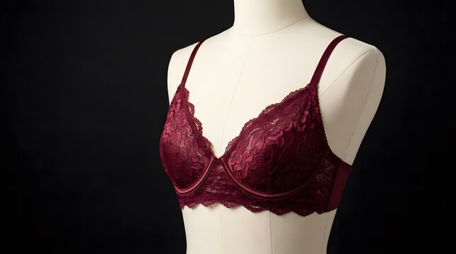 A close-up shot of a dark red lace bra on a white mannequin against a black background.