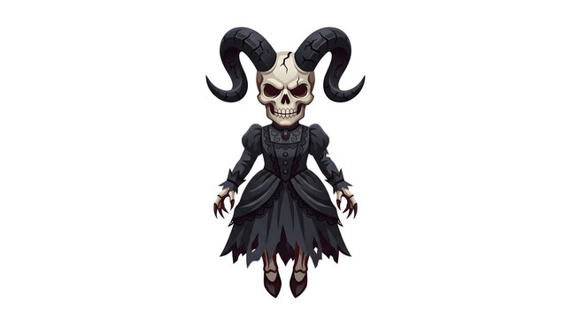 Spooky horned skull character floating in black gothic ball gown with claw hands perfect for halloween graphic design and dark fantasy game assets.
