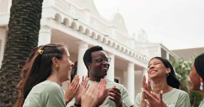 People, volunteer and high five with applause for winning, community mission or outdoor success. Happy team, group or NGO clapping with hands together for economic achievement or charity outreach