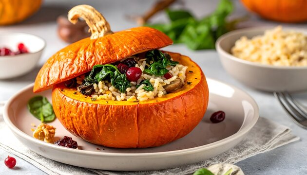 Calabaza rellena con verduras y hojas verdes servida en plato