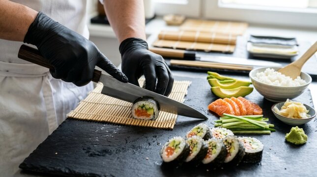 Crafting Delicious Sushi Rolls with Fresh Ingredients.