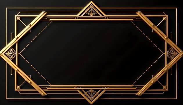 Art deco geometric golden frame on solid black background, symmetrical angular gold lines and geometric patterns, polished brass finish, bold yet elegant, 1920s luxury style, clean composition