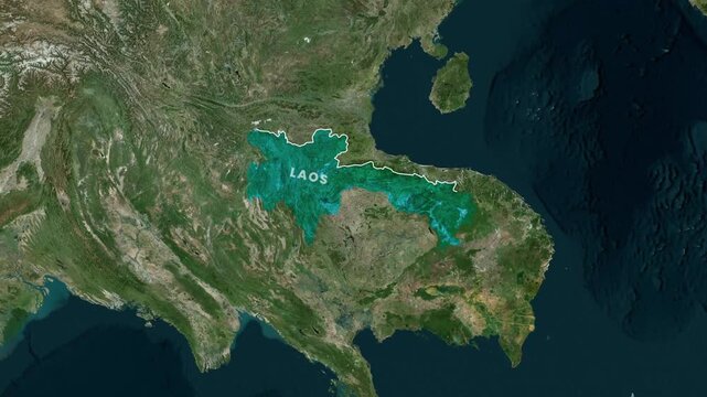 Laos country map animation highlighting borders with satellite earth terrain view for travel motion video footage
