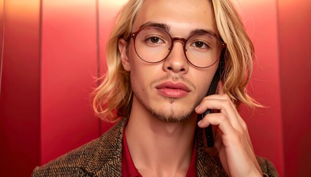 Hombre joven con gafas y cabello rubio sobre fondo rojo