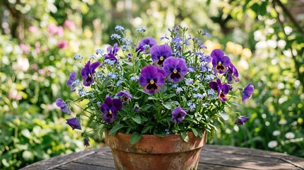 Naklejka premium Elegant Purple Flowers in Terracotta Pot by Garden Path.