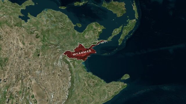 Myanmar map overlay zooming out from satellite world view
