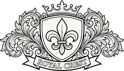 Ornate royal crest with fleur de lis, crown, and scrollwork, black outline on white background © alfih