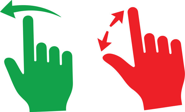 Green and red hand gesture icons showing swipe left and pinch zoom actions for touch screens