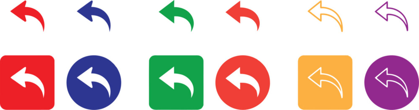 Set of colorful undo or back arrow icons in various shapes and styles isolated on white background