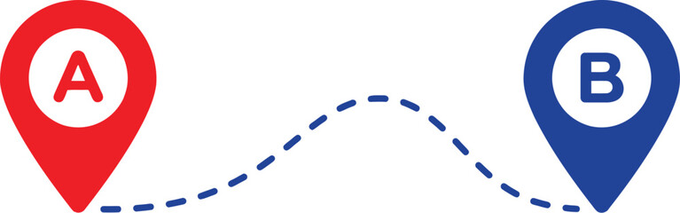 Red and blue map location pins with a dashed path connecting point a to point b © Mst