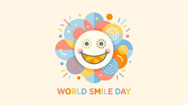 Colorful hand drawn illustration of a smiling sun character celebrating world smile day on light background