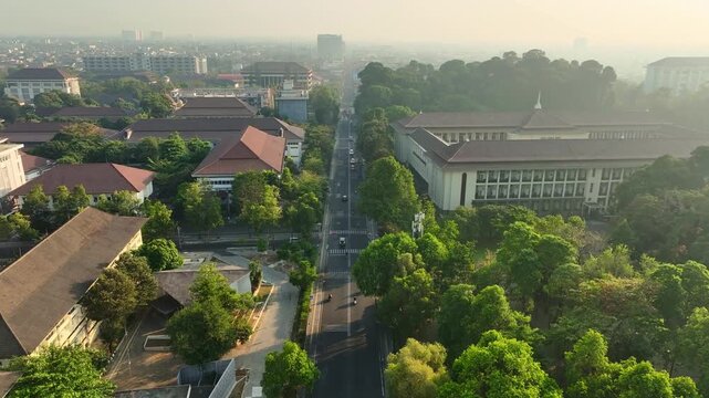 Tree lined UGM Boulevard viewed from above in Yogyakarta