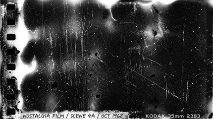 Obraz premium Old film texture with scratches, noise and light leaks. Realistic transparent overlay film texture in black-white, dust and grain. Distressed retro movie or photo negative effect of cinema nostalgia