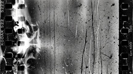 Obraz premium Old film texture with scratches, noise and light leaks. Realistic transparent overlay film texture in black-white, dust and grain. Distressed retro movie or photo negative effect of cinema nostalgia