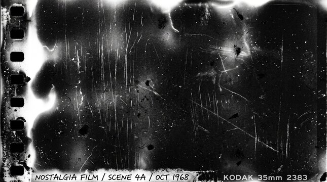 Old film texture with scratches, noise and light leaks. Realistic transparent overlay film texture in black-white, dust and grain. Distressed retro movie or photo negative effect of cinema nostalgia