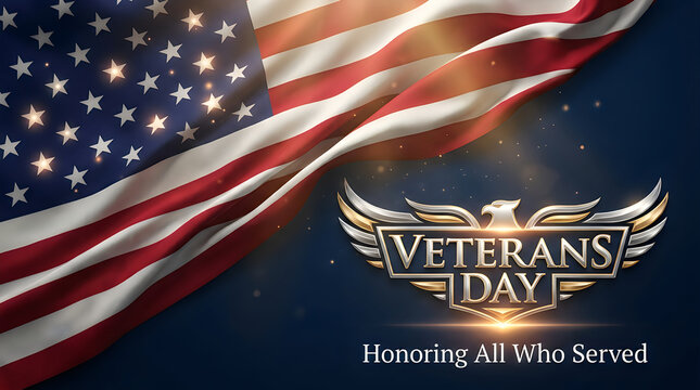 Veterans day memorial background featuring a waving american flag with golden metallic text honoring all who served