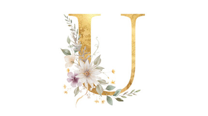 Floral alphabet letter U gold foil with white daisy purple yellow flowers eucalyptus watercolor isolated white background transparent PNG © Vy