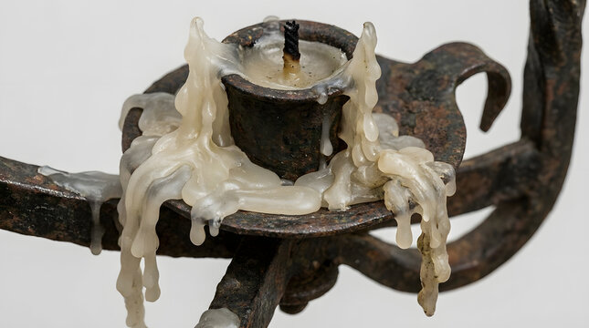 Close up of heavily melted wax coating an old rusty iron candlestick holder