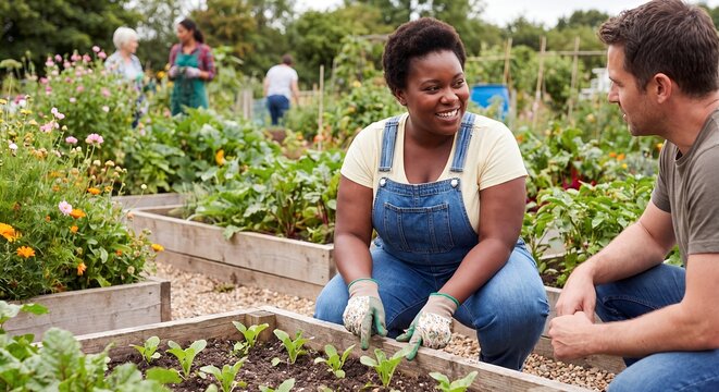 Community garden black woman seedlings volunteer plants inclusion sustainability gardening. Black gardener holds a tray of seedlings while talking with a volunteer for community garden marketing