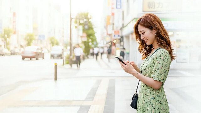 街中でスマートフォンを操作する若い女性