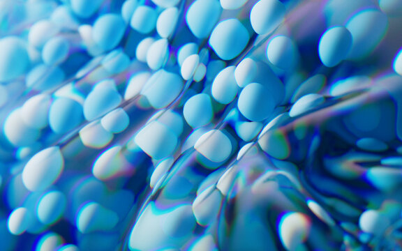 Blue particles in the inflatable soft balloon, 3d rendering.
