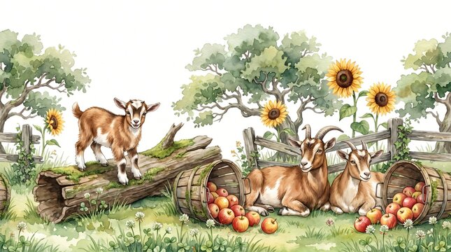 Watercolor Pygmy Goat Seamless Border Horizontal Country Farm Animals Kids Rustic Harvest Orchard Apple Nursery Wallpaper Banner Farmhouse Baby Room Wall Decal Background Textile Paper Border Ribbon