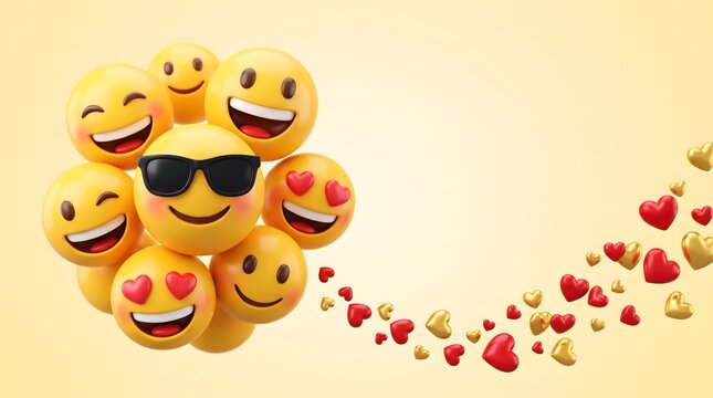 Group of happy yellow emojis with sunglasses and hearts on a soft light yellow background