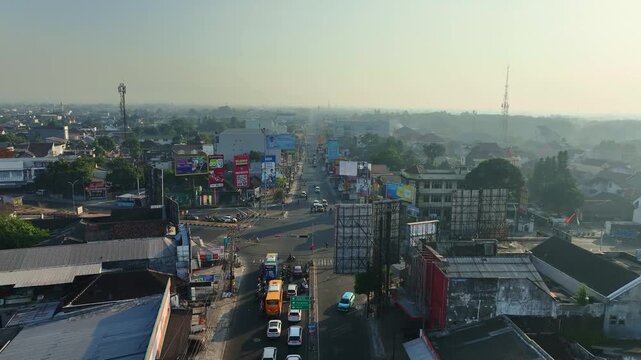 Aerial panorama of busy urban intersection in central Yogyakarta