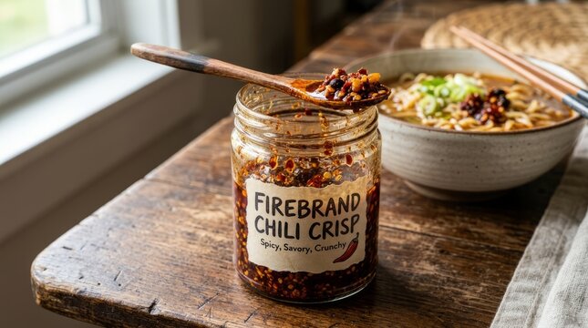 Homemade Firebrand Chili Crisp in a Jar with Spiced Snack Bowl.