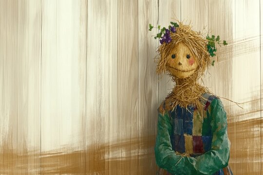 Rustic straw doll with patchwork dress artwork in minimalistic watercolor style