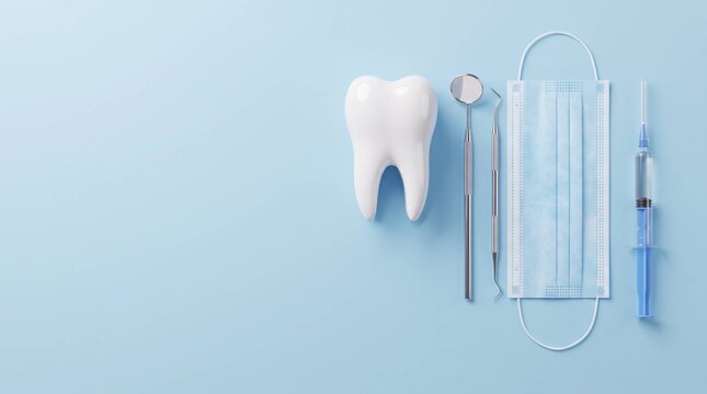 Tooth Model with Dental Tools on Blue Background