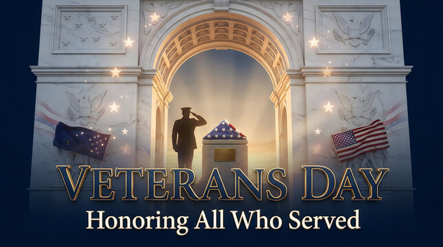 A soldier saluting in front of a monument with american flags to honor veterans on veterans day