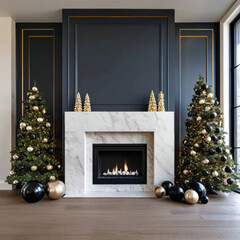 Obraz premium Elegant Christmas interior with marble fireplace, black and gold decor, festive trees, and cozy holiday atmosphere