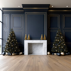 Obraz premium Elegant Christmas interior with dark wall, marble fireplace, gold and black ornaments, festive trees, and wooden floor