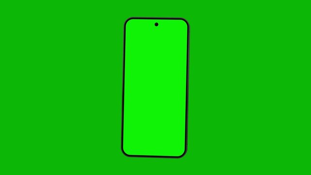 Smartphone Spinning 360 Degrees on Green Screen. Modern Phone With Green Display Rotates to Show Silver Back and Triple Camera, Then Settles on Front View. 3D Device Mockup Chroma Key