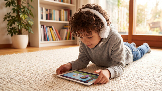 Boy wearing headphones using digital tablet while lying on carpet floor for home entertainment