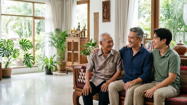 Three Generations of Asian Men Sitting Together on Sofa in Living Room Smiling. 