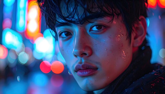 Retrato de hombre joven con luces de ne&oacute;n y fondo urbano desenfocado