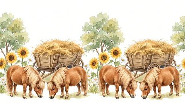 Watercolor Shetland Pony Seamless Border Horizontal Country Farm Hay Cart Rustic Farmhouse Nursery Wallpaper Banner Miniature Horses Animals Baby Room Wall Decal Background Textile Ribbon Decor Trim