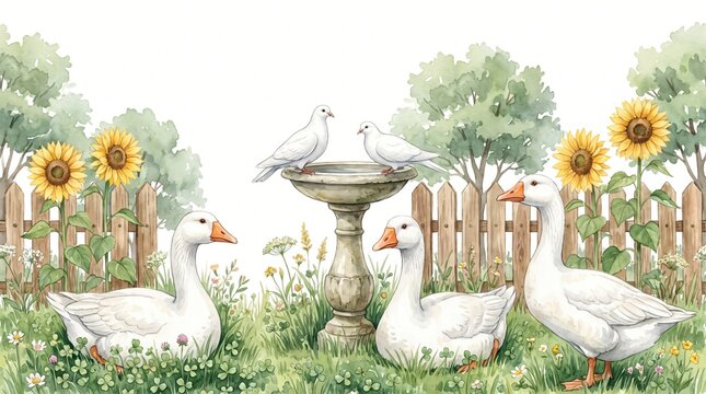Watercolor White Geese Doves Seamless Border Horizontal Rustic Farmyard Birdbath Country Nursery Wallpaper Banner Farmhouse Poultry Animals Baby Room Wall Decal Background Textile Ribbon Decor Trim