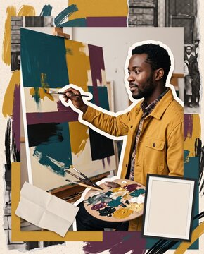 Black male artist painting on canvas in a creative studio, holding a brush and palette in a contemporary mixed-media editorial collage