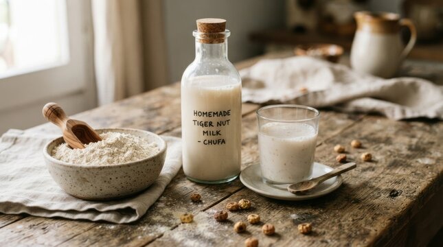 Morning Breakfast Essentials with Homemade Oatmeal and Creamy Milk.