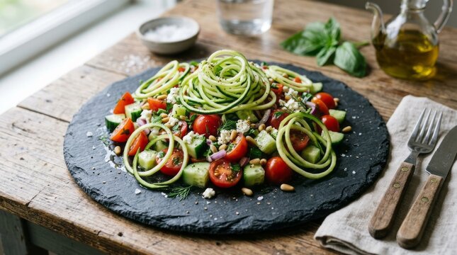 Fresh zucchini noodles with vibrant tomato and basil salad on rustic plate.