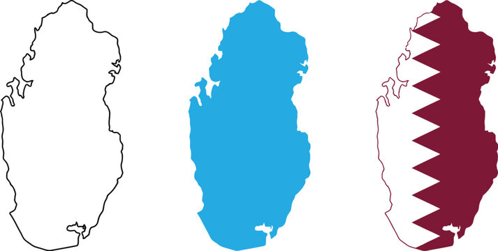 Set of three qatar country map shapes with outline, solid blue color and national flag pattern
