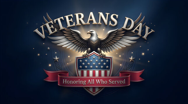 Veterans day greeting card design featuring a majestic bald eagle and american flag elements on dark blue background