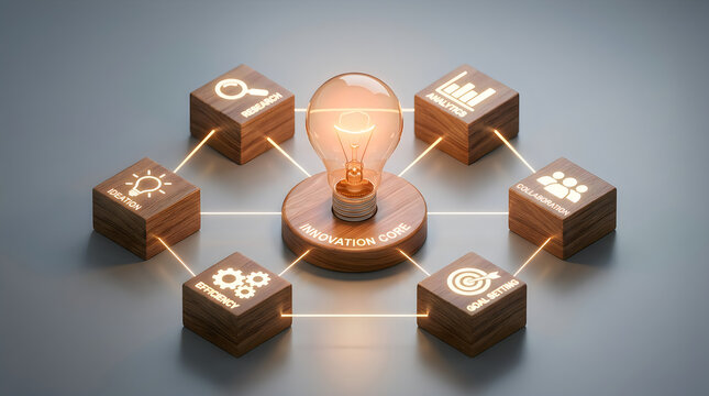 Innovation core concept with a glowing light bulb surrounded by wooden blocks representing research, analytics, collaboration, goal setting, efficiency, and ideation