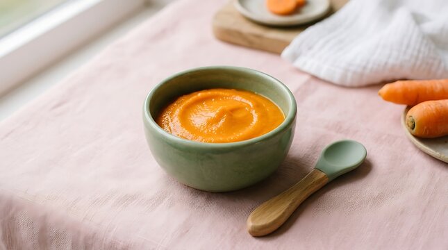 A bowl of fresh homemade carrot puree for a baby on a pink tablecloth.